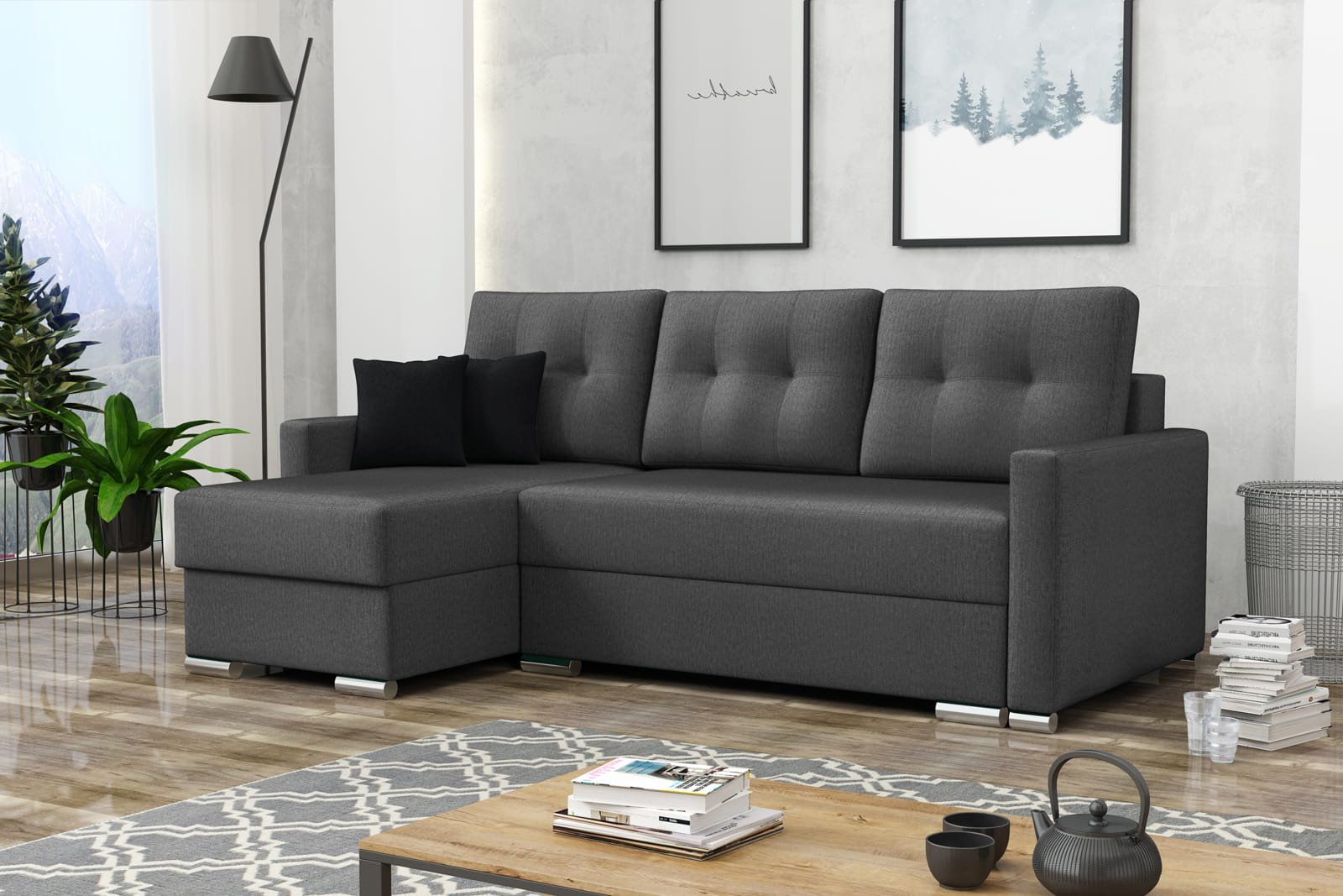 GREY CORNER SOFA BED ROBY 220X140