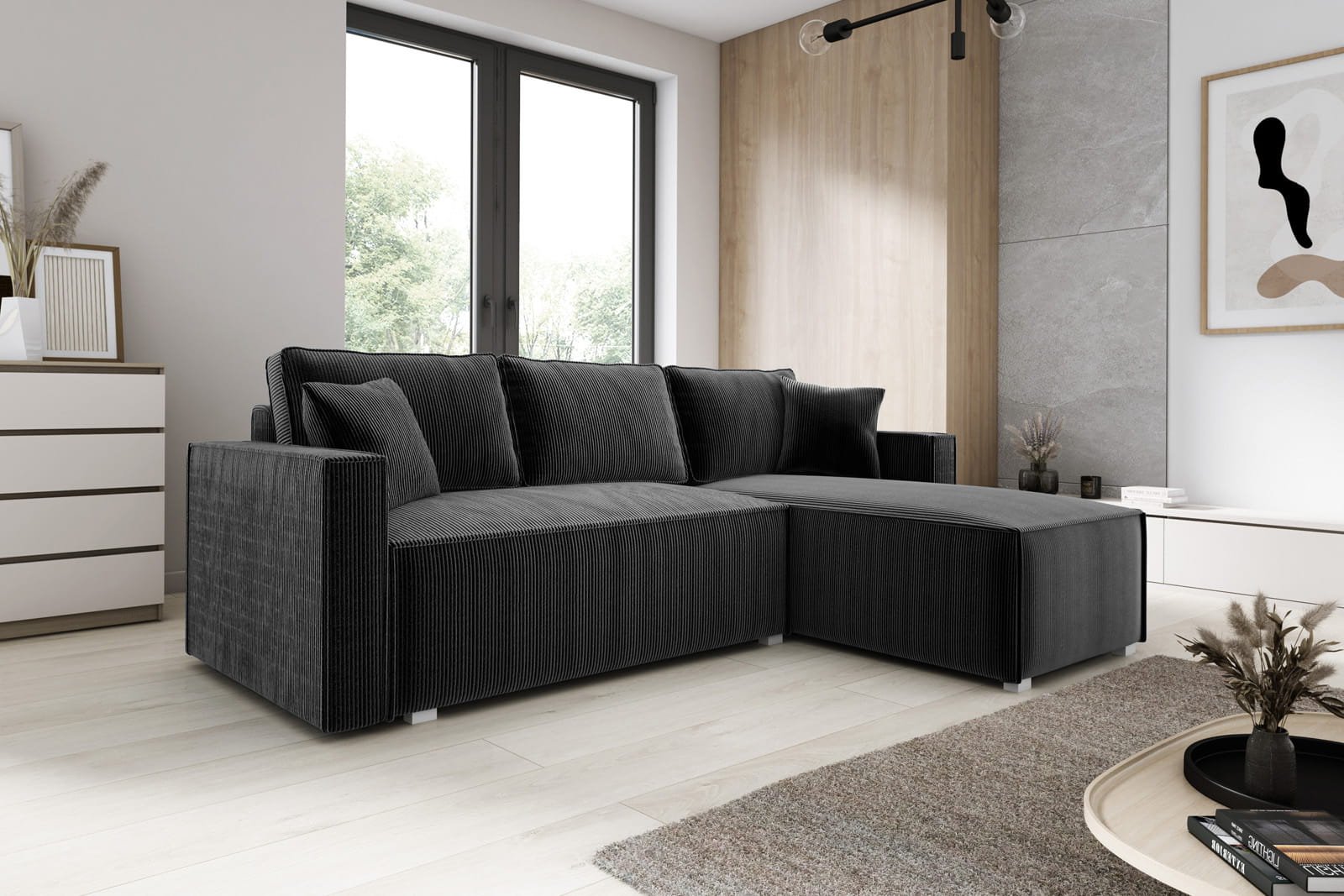 Graphite small corner sofa with sleeping function NOEMI corduroy