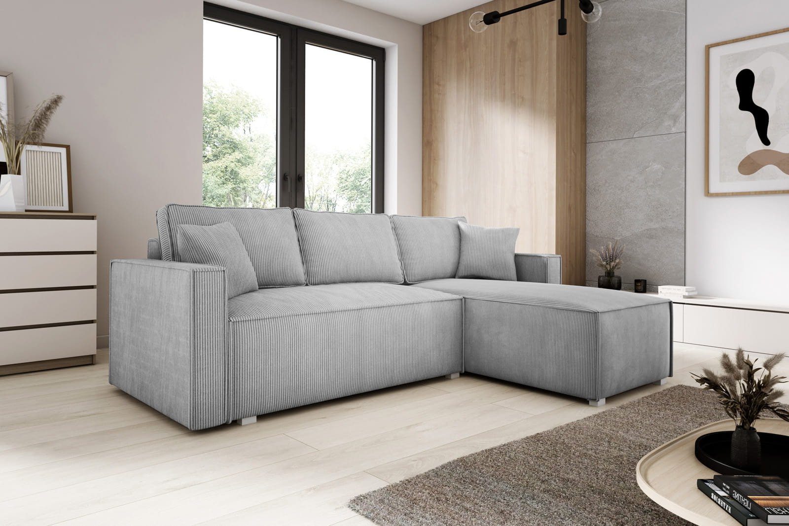 Light gray corner sofa with sleeping function NOEMI