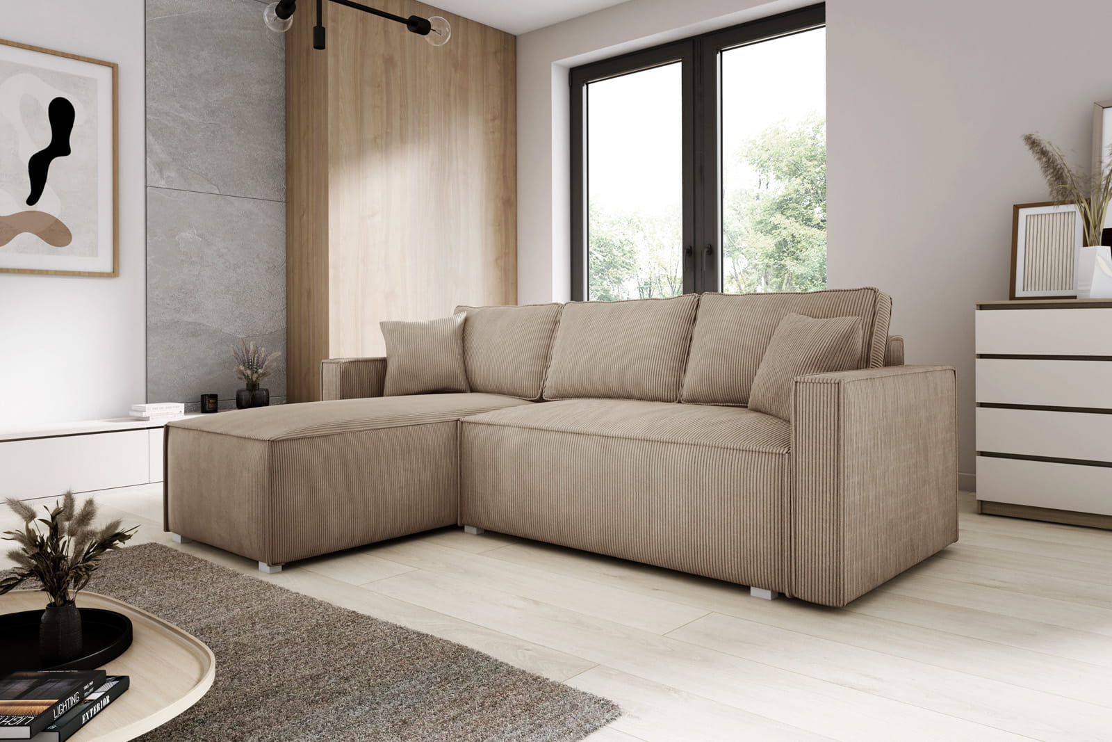 beige corduroy corner sofa bed