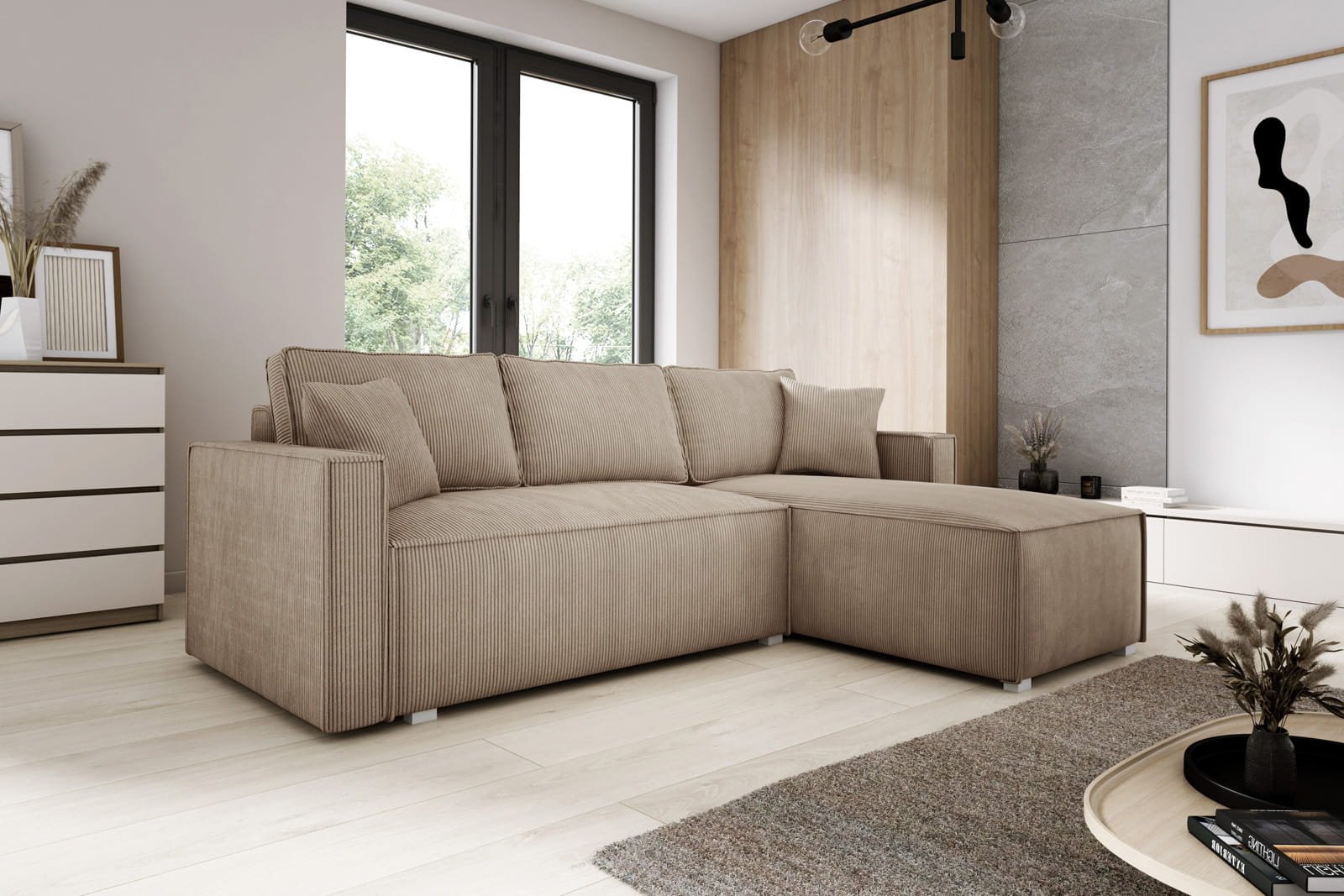 beige corduroy corner sofa